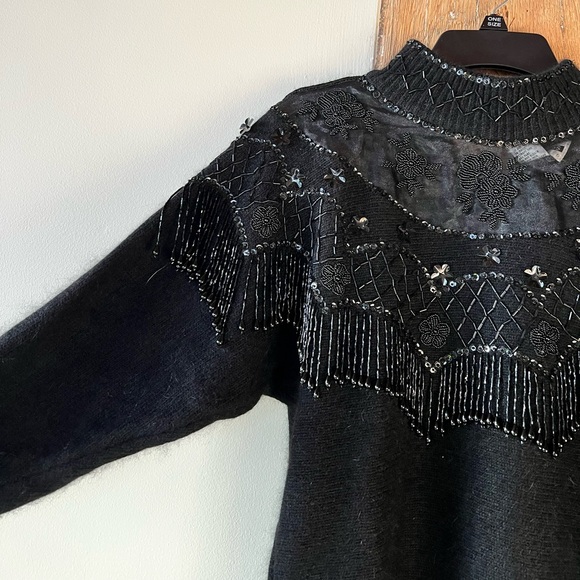 Gantos Vintage Beaded Fringe Mock Neck Sweater - Picture 1 of 8